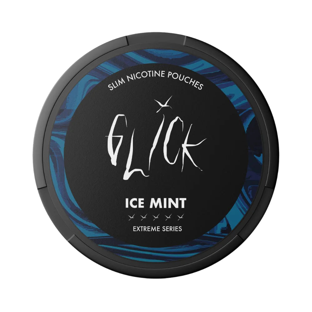 Front-facing view of Glick Ice Mint Slim Nicotine Pouches, Extreme Series. The black can features a sleek blue swirl design, highlighting the 'Ice Mint' flavour. Includes strength indicators for 10mg nicotine, the signature Glick logo, and a minimalist yet bold presentation. Designed for a cooling and invigorating nicotine experience, available in Australia and New Zealand.