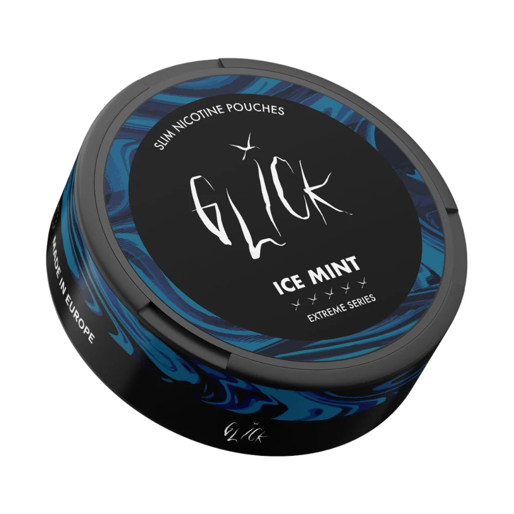 Tilted front-angle view of Glick Ice Mint Slim Nicotine Pouches, Extreme Series. The sleek black can features a vivid blue swirl design, highlighting the 'Ice Mint' flavour and slim profile. Displayed prominently with five strength indicators and 'Made in Europe' along the rim, this 10mg nicotine pouch is ideal for a refreshing, high-intensity nicotine experience. Available for purchase in Australia and New Zealand.