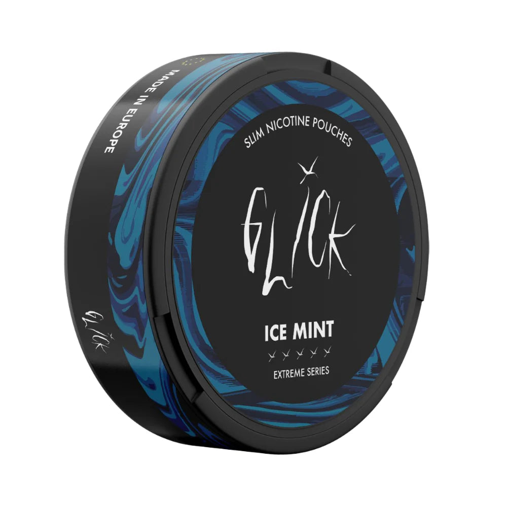 Side-angle view of Glick Ice Mint Slim Nicotine Pouches, Extreme Series. The black can showcases a striking blue swirl design, emphasising the 'Ice Mint' flavour. Marked with 'Made in Europe' and the Glick branding along the rim, this 10mg nicotine pouch offers a sleek, refreshing aesthetic. Perfect for users seeking a bold and cooling nicotine experience, available in Australia and New Zealand.