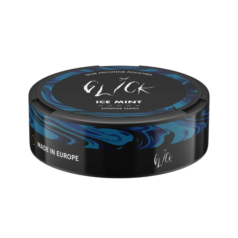Flat front-angle view of Glick Ice Mint Slim Nicotine Pouches, Extreme Series. The black can features an elegant blue swirl design and prominently displays the 'Ice Mint' flavour. With five strength indicators and 'Made in Europe' branding along the side, this 10mg nicotine pouch offers a bold, minty experience in a sleek, compact design. Perfect for discreet use, available in Australia and New Zealand.