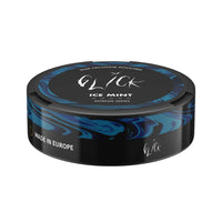 Flat front-angle view of Glick Ice Mint Slim Nicotine Pouches, Extreme Series. The black can features an elegant blue swirl design and prominently displays the 'Ice Mint' flavour. With five strength indicators and 'Made in Europe' branding along the side, this 10mg nicotine pouch offers a bold, minty experience in a sleek, compact design. Perfect for discreet use, available in Australia and New Zealand.