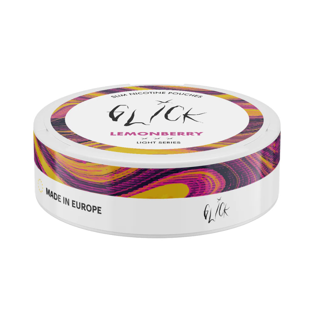 Flat-angled view of Glick Lemonberry Slim Nicotine Pouches, Light Series. The white can features vibrant pink and yellow swirl designs along the rim and the Glick logo prominently displayed on the label. 'Lemonberry' flavour is highlighted in bold magenta text with three light strength markers indicating 4mg nicotine content. The side label includes 'Made in Europe' certification. Designed for a light and fruity nicotine experience, this sleek product is ideal for users in Australia and New Zealand.