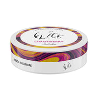 Flat-angled view of Glick Lemonberry Slim Nicotine Pouches, Light Series. The white can features vibrant pink and yellow swirl designs along the rim and the Glick logo prominently displayed on the label. 'Lemonberry' flavour is highlighted in bold magenta text with three light strength markers indicating 4mg nicotine content. The side label includes 'Made in Europe' certification. Designed for a light and fruity nicotine experience, this sleek product is ideal for users in Australia and New Zealand.