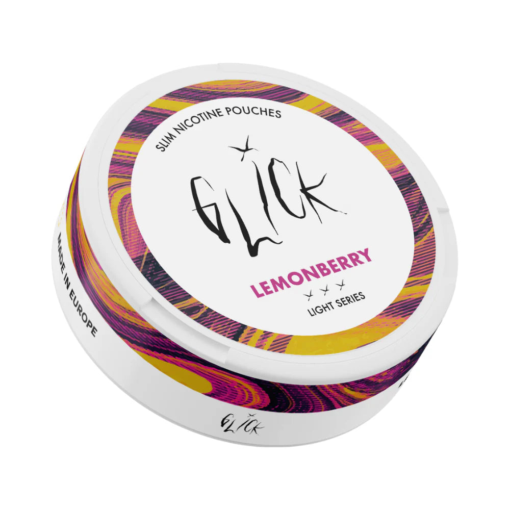 Front-angled, tilted view of Glick Lemonberry Slim Nicotine Pouches, Light Series. The circular can showcases a modern design with a white base and vibrant pink and yellow swirls on the rim. The label features the Glick logo with 'Lemonberry' flavour in bold magenta text and three light strength markers indicating 4mg nicotine content. Made in Europe, this sleek product is ideal for a fruity and mild nicotine experience, available for purchase in Australia and New Zealand.