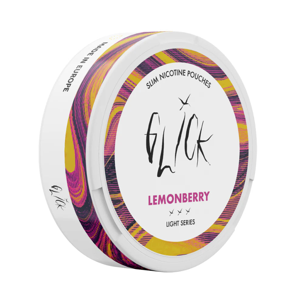 Side-angle view of Glick Lemonberry Slim Nicotine Pouches, Light Series. The sleek can features a white base with vibrant pink and yellow swirls wrapping around the rim. The label highlights the 'Lemonberry' flavour in bold magenta text below the artistic Glick logo. Designed for a mild experience, this product offers 4mg nicotine content, indicated by three light strength markers. Perfect for a fruity and balanced sensation, these pouches are proudly made in Europe and available for customers in Australia 
