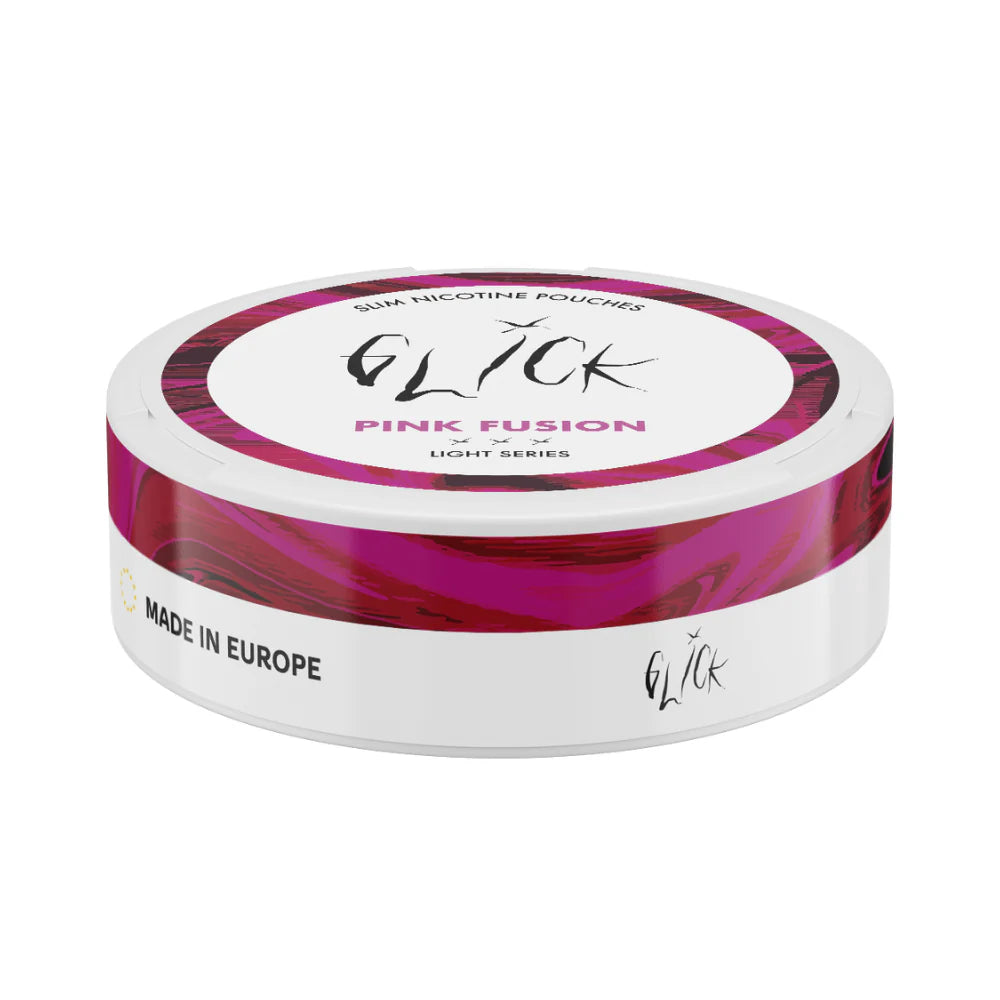 Flat-angle view of Glick Pink Fusion Slim Nicotine Pouches, Light Series. The can showcases a sleek magenta and pink swirl pattern on the rim with the Glick logo in black. The 'Pink Fusion' flavour is highlighted in bold lettering, alongside three light strength indicators for 4mg nicotine content. A 'Made in Europe' label ensures quality, making this stylish nicotine pouch a preferred choice for Australian and New Zealand customers seeking a fruity, smooth experience.