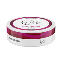 Flat-angle view of Glick Pink Fusion Slim Nicotine Pouches, Light Series. The can showcases a sleek magenta and pink swirl pattern on the rim with the Glick logo in black. The 'Pink Fusion' flavour is highlighted in bold lettering, alongside three light strength indicators for 4mg nicotine content. A 'Made in Europe' label ensures quality, making this stylish nicotine pouch a preferred choice for Australian and New Zealand customers seeking a fruity, smooth experience.