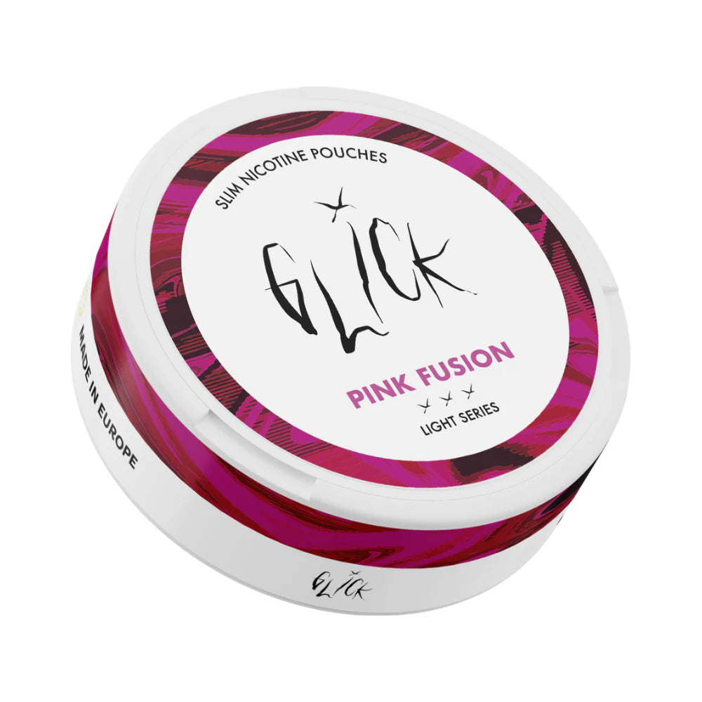 Tilted front-angle view of Glick Pink Fusion Slim Nicotine Pouches, Light Series. The can features a vibrant magenta and pink swirl design along the rim, complemented by the Glick logo in bold lettering. 'Pink Fusion' flavour is prominently displayed, with three light strength indicators representing a 4mg nicotine content. A stylish and modern pouch for a fruity, smooth nicotine experience, ideal for customers in Australia and New Zealand.