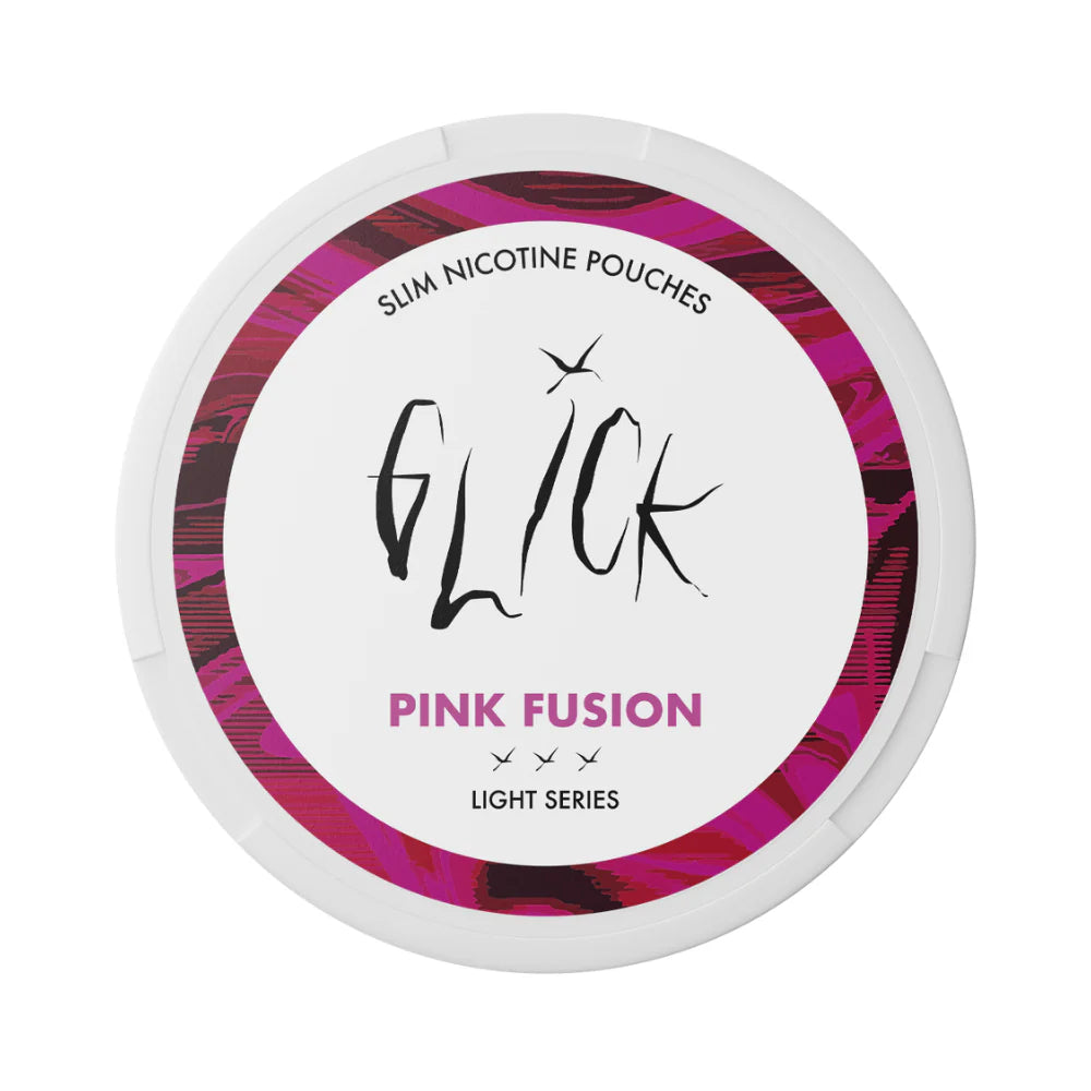 Front-facing view of Glick Pink Fusion Slim Nicotine Pouches, Light Series. The white can features a striking magenta and dark pink swirl design around the rim, showcasing the Glick logo prominently on the label. The 'Pink Fusion' flavour is highlighted in bold magenta text with three light strength markers indicating a 4mg nicotine content. Designed for a fruity and vibrant nicotine experience, this sleek product is targeted for users in Australia and New Zealand.