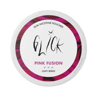 Front-facing view of Glick Pink Fusion Slim Nicotine Pouches, Light Series. The white can features a striking magenta and dark pink swirl design around the rim, showcasing the Glick logo prominently on the label. The 'Pink Fusion' flavour is highlighted in bold magenta text with three light strength markers indicating a 4mg nicotine content. Designed for a fruity and vibrant nicotine experience, this sleek product is targeted for users in Australia and New Zealand.