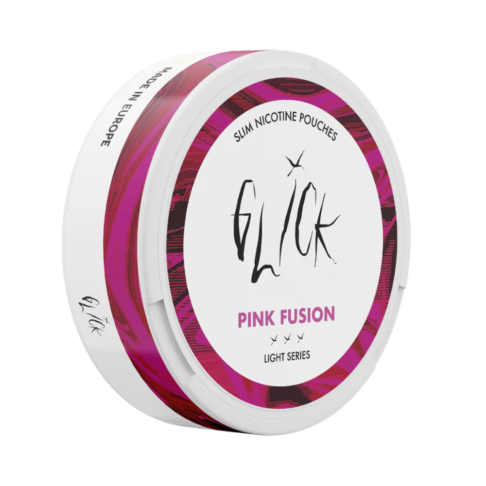 Side-angle view of Glick Pink Fusion Slim Nicotine Pouches, Light Series. The sleek white can features a bold magenta and dark pink swirl design along the rim, with the Glick logo and 'Pink Fusion' flavour clearly displayed. The product is marked with three light strength indicators, signifying a 4mg nicotine content. This lightweight, stylish design reflects a vibrant and fruity nicotine pouch experience, crafted for customers in Australia and New Zealand.