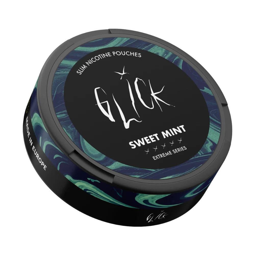 Angled top-down view of Glick Sweet Mint Slim Nicotine Pouches, Extreme Series. The black container highlights the 'Sweet Mint' flavour, featuring green and blue swirl patterns, the Glick logo, and strength markers for 10mg nicotine. The sleek design includes 'Made in Europe' branding on the side. Perfect for a refreshing and strong nicotine experience available in Australia and New Zealand.