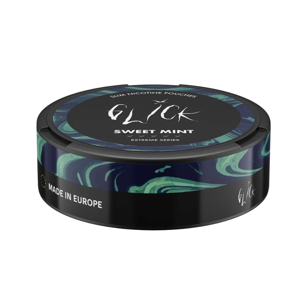 Side angle of Glick Sweet Mint Slim Nicotine Pouches, Extreme Series. The black can showcases vibrant green and blue swirl patterns with 'Sweet Mint' flavour prominently displayed. Features include strength markers for 10mg nicotine, the Glick logo, and 'Made in Europe' branding on the side. Designed for a refreshing and strong nicotine experience, available in Australia and New Zealand
