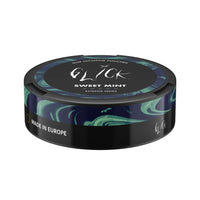 Side angle of Glick Sweet Mint Slim Nicotine Pouches, Extreme Series. The black can showcases vibrant green and blue swirl patterns with 'Sweet Mint' flavour prominently displayed. Features include strength markers for 10mg nicotine, the Glick logo, and 'Made in Europe' branding on the side. Designed for a refreshing and strong nicotine experience, available in Australia and New Zealand