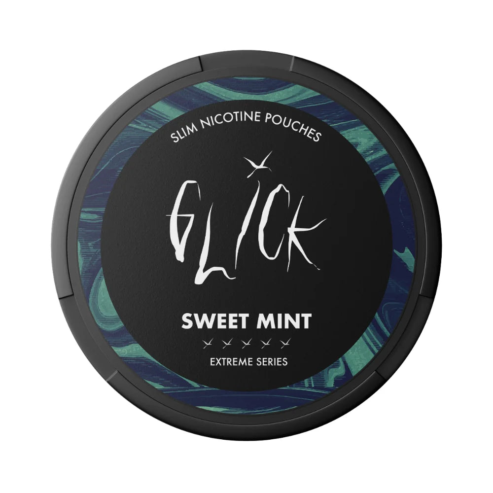 Top view of Glick Sweet Mint Slim Nicotine Pouches from the Extreme Series. Encased in a black container with bold green and blue swirl patterns, showcasing the Glick logo and 'Sweet Mint' flavour. Features five strength markers indicating a 10mg nicotine content, perfect for Australian and New Zealand customers seeking a refreshing mint experience.