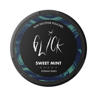 Top view of Glick Sweet Mint Slim Nicotine Pouches from the Extreme Series. Encased in a black container with bold green and blue swirl patterns, showcasing the Glick logo and 'Sweet Mint' flavour. Features five strength markers indicating a 10mg nicotine content, perfect for Australian and New Zealand customers seeking a refreshing mint experience.