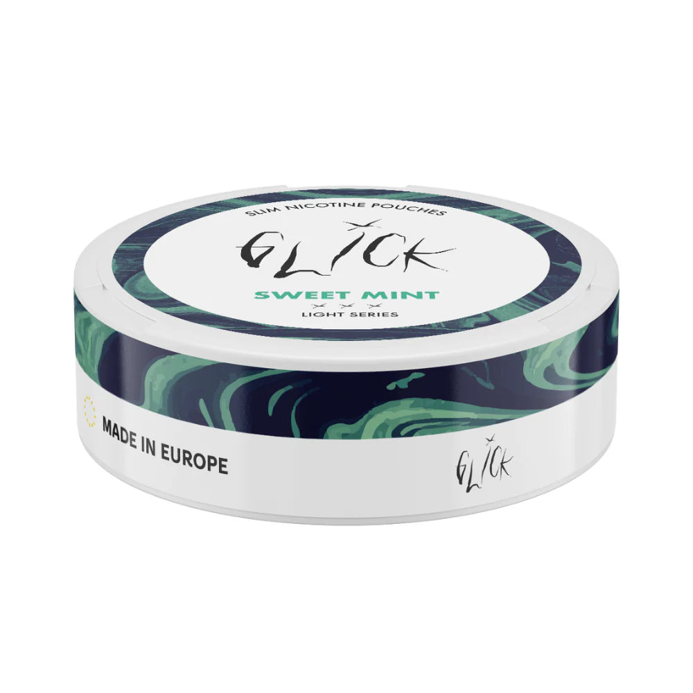 Flat-angle view of Glick Sweet Mint Slim Nicotine Pouches, Light Series. The can showcases a sleek white design with green and blue marble accents on the side. The 'Sweet Mint' flavour is prominently displayed in green text, representing a fresh and mild mint taste. The 4mg nicotine strength is indicated along with three light intensity markers, suitable for light nicotine users. Features the Glick logo, 'Slim Nicotine Pouches,' and 'Made in Europe,' emphasising its premium quality and availability in AU/NZ