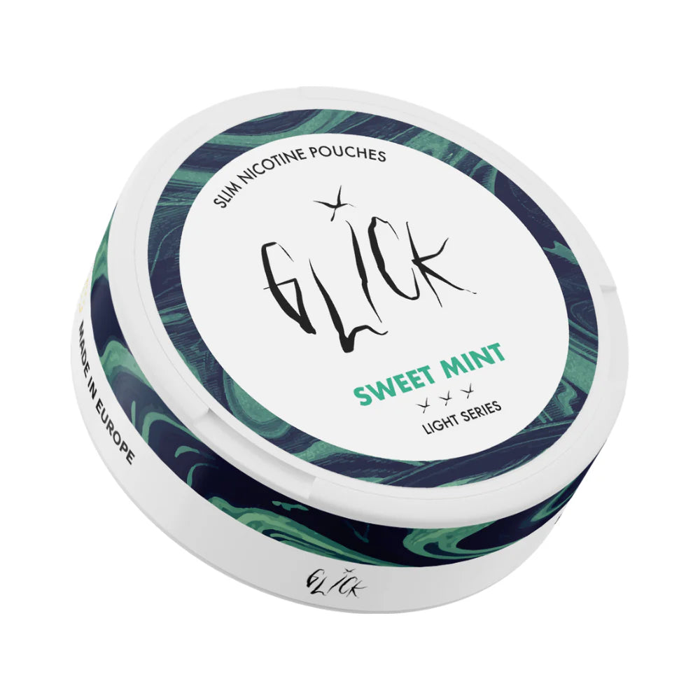 Front-angle tilted view of Glick Sweet Mint Slim Nicotine Pouches, Light Series. The can features a clean white design with green and blue marble accents around the edges. Highlighted in green text is the 'Sweet Mint' flavour, indicating a refreshing and mild mint profile. The can displays a 4mg nicotine strength with three light intensity markers, ideal for lighter nicotine users. The label includes 'Slim Nicotine Pouches,' the Glick logo, and 'Made in Europe,' making it a premium choice available in Austr