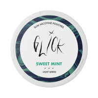 Front-facing view of Glick Sweet Mint Slim Nicotine Pouches, Light Series. Featuring a white can design with green and blue marble accents around the edges, the 'Sweet Mint' flavour is displayed in bold green text. The can indicates a 4mg nicotine strength with three light intensity markers, tailored for a smooth and sweet mint experience. Labelled 'Slim Nicotine Pouches' and 'Made in Europe,' this product is ideal for Australian and New Zealand customers seeking light nicotine options.