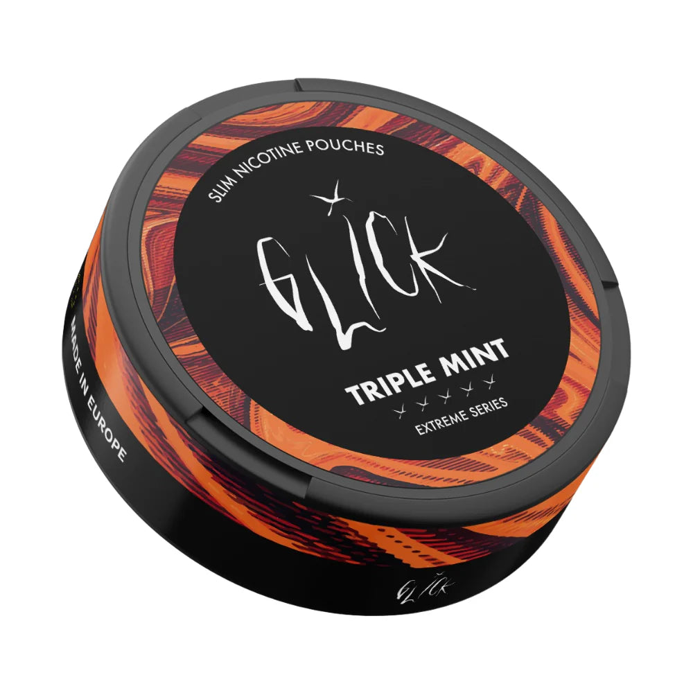Angled view of Glick Triple Mint Slim Nicotine Pouches from the Extreme Series, highlighting the black container with fiery orange and red swirl patterns. Displays the 'Made in Europe' label on the side and five strength indicators for the 10mg nicotine strength, perfect for users in Australia and New Zealand.