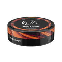 Low-angle side view of Glick Triple Mint Slim Nicotine Pouches, part of the Extreme Series. Features a sleek black container with vibrant orange and red swirl patterns, prominently displaying 'Made in Europe' and the Glick logo. Indicates five strength markers for the 10mg nicotine strength, designed for customers in Australia and New Zealand.