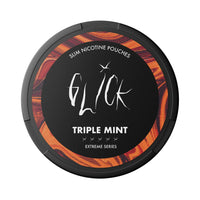 Glick Triple Mint Slim Nicotine Pouches, part of the Extreme Series, featuring a sleek black container with a bold orange and red swirl pattern on the rim. Highlighted with five strength indicators and '10mg' nicotine per pouch, offering a refreshing mint flavour in Australia and New Zealand.