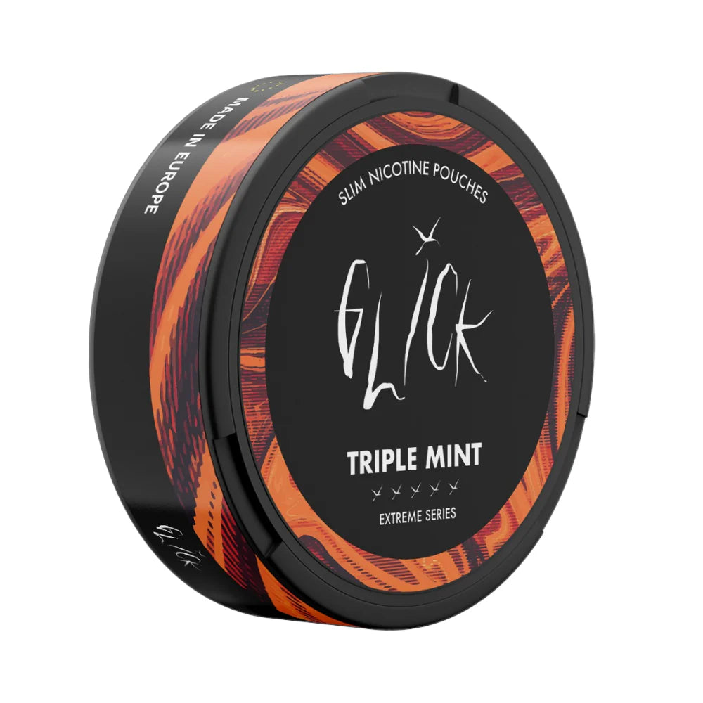 Side-angle view of Glick Triple Mint Slim Nicotine Pouches from the Extreme Series, showcasing a stylish black container with vibrant orange and red swirl accents. Features 'Made in Europe' branding on the side and five strength indicators, offering a bold 10mg nicotine experience in Australia and New Zealand.