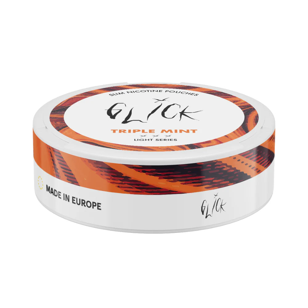 Flat angle of Glick Triple Mint Slim Nicotine Pouches, Light Series. The white can highlights the 'Triple Mint' flavour in orange text, complemented by an orange swirl design around the edges. Featuring 4mg nicotine strength with three light intensity indicators, it is crafted for a milder and refreshing mint sensation. The label also includes 'Made in Europe' for authenticity. Ideal for users in Australia and New Zealand seeking light nicotine pouches.