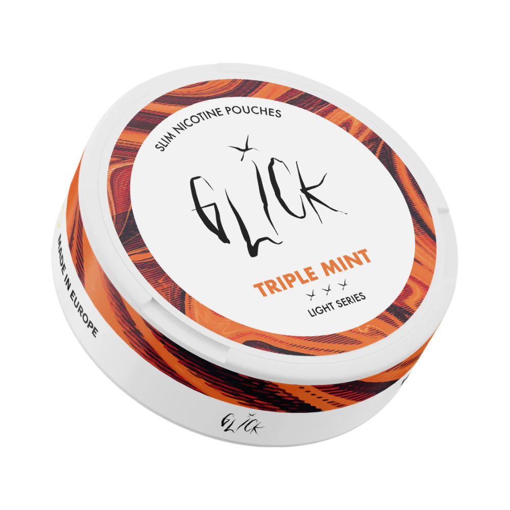 Side-angled view of Glick Triple Mint Slim Nicotine Pouches, Light Series. The sleek white can showcases the 'Triple Mint' flavour in orange text, complemented by an orange swirl design. The label highlights three strength indicators for 4mg nicotine per pouch, ideal for lighter use. Made in Europe, this discreet and stylish product is perfect for mint enthusiasts in Australia and New Zealand.