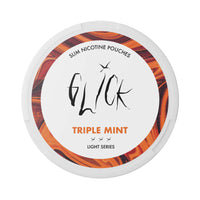 Front-facing view of Glick Triple Mint Slim Nicotine Pouches, Light Series. The white can features a vibrant orange swirl pattern around the edges and prominently displays the 'Triple Mint' flavour. Designed for lighter use with three strength indicators, offering 4mg nicotine per pouch. A sleek, discreet option for mint lovers, available in Australia and New Zealand.