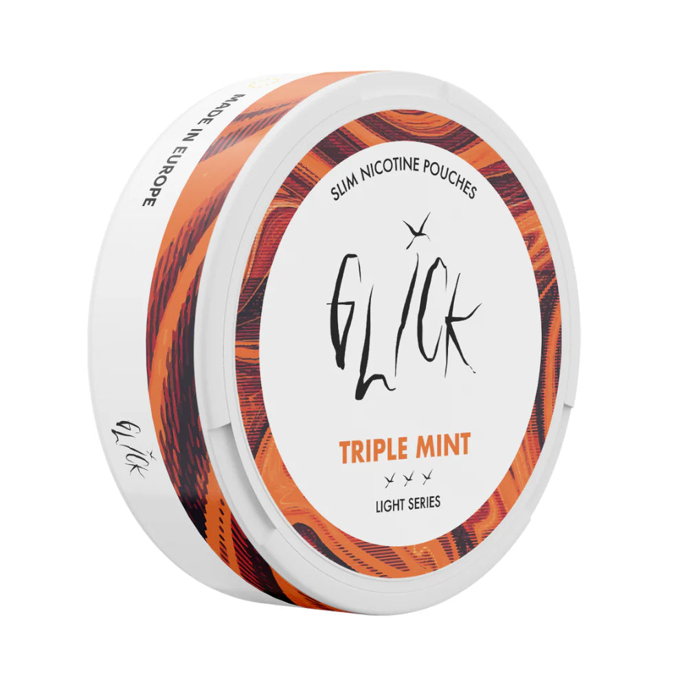 Side profile of Glick Triple Mint Slim Nicotine Pouches, Light Series. The white can features the 'Triple Mint' flavour in bold orange text, surrounded by an orange swirl design. The label indicates a 4mg nicotine strength with three light indicators, making it suitable for milder use. The can also displays 'Made in Europe' for authenticity. Designed for users in Australia and New Zealand seeking a light, refreshing mint experience.