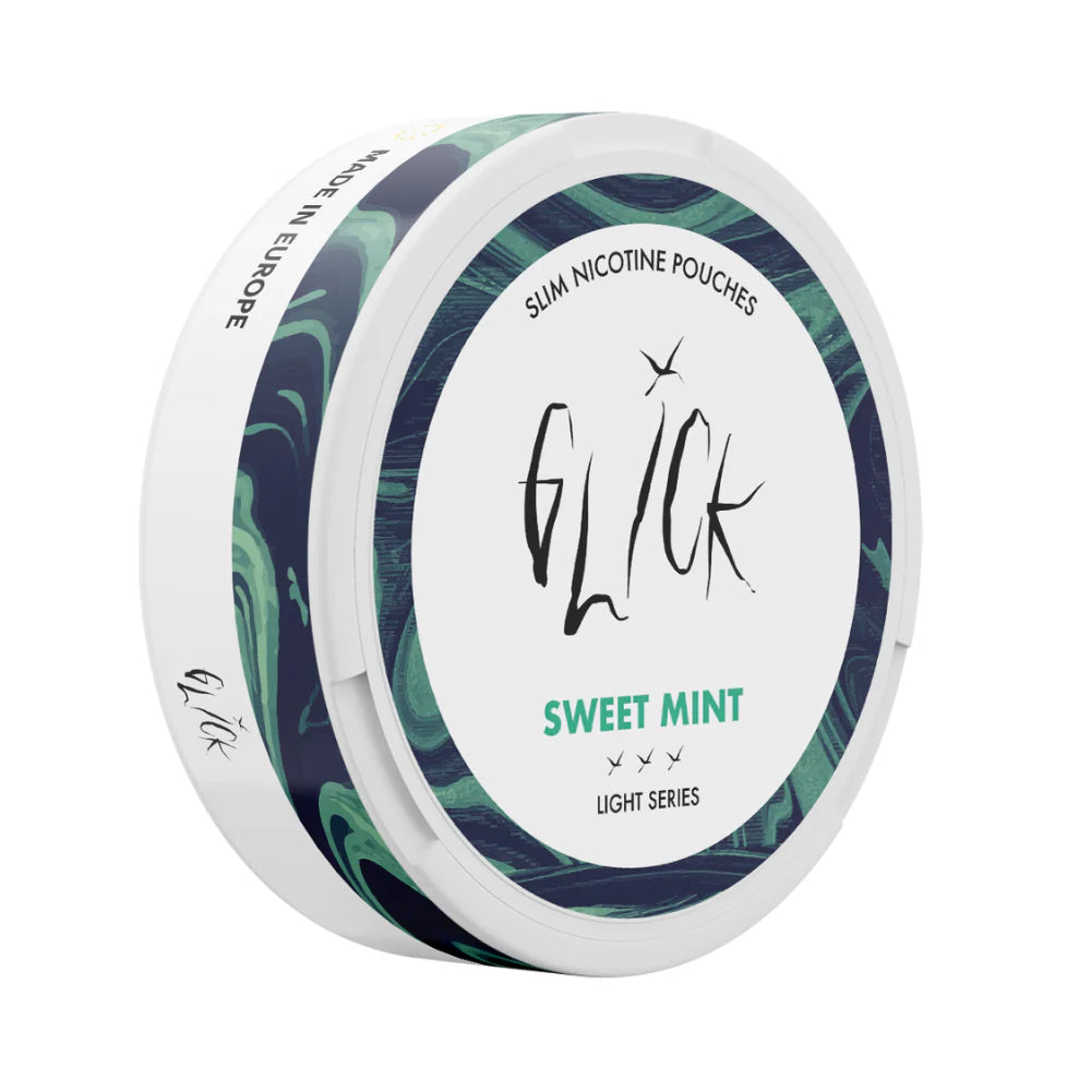 Side-angle view of Glick Sweet Mint Slim Nicotine Pouches, Light Series. This sleek white can features green and blue marble accents on the side, with the 'Sweet Mint' flavour highlighted in green text on the front. The can displays a 4mg nicotine strength with three light intensity markers, offering a mild and refreshing mint experience. Labelled 'Slim Nicotine Pouches' and 'Made in Europe,' it is tailored for light nicotine users in Australia and New Zealand.