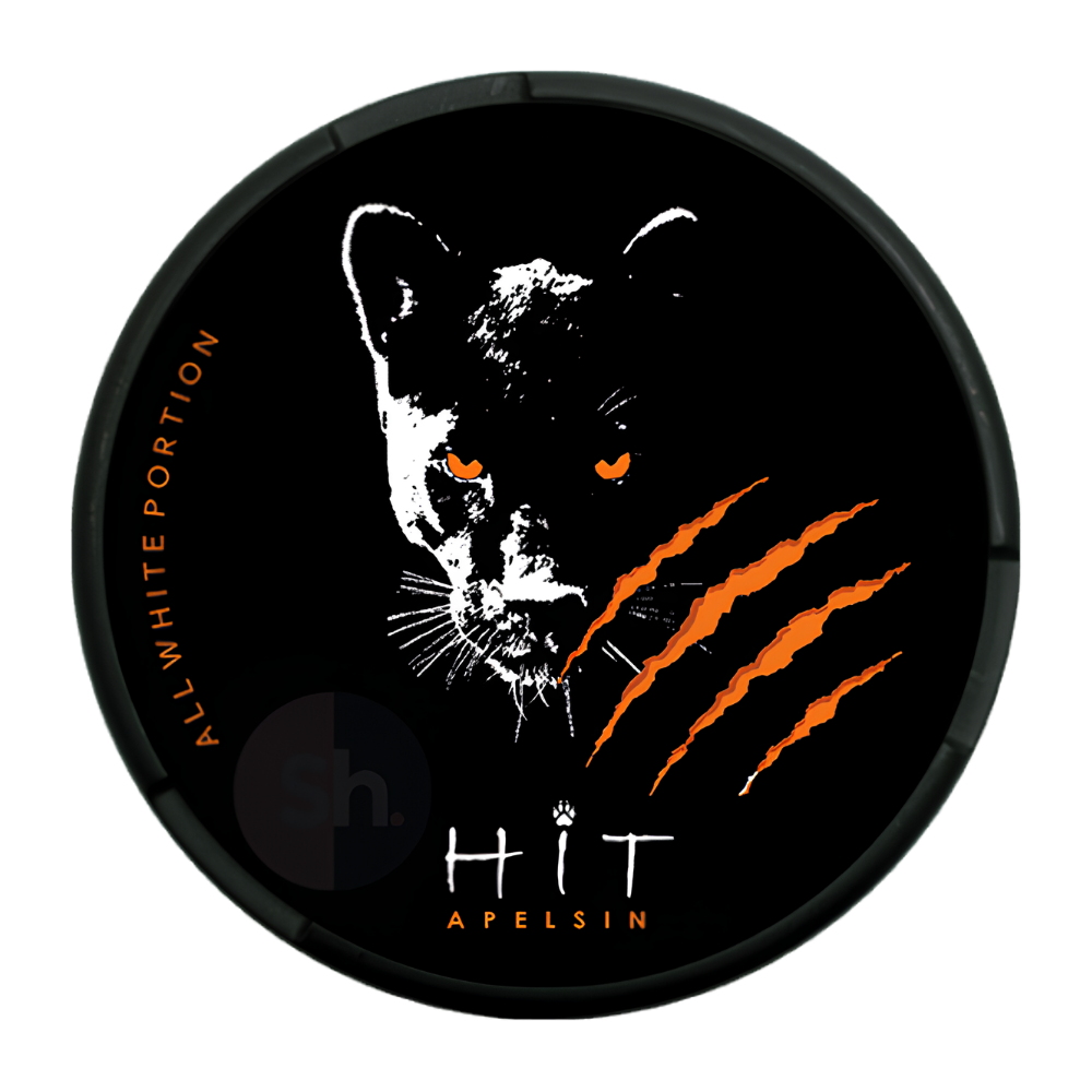 A round black product container or tin featuring a stylized panther head in white with orange eyes, orange claw marks, and the text 'ALL WHITE PORTION' and 'HIT APELSIN' on a white background.