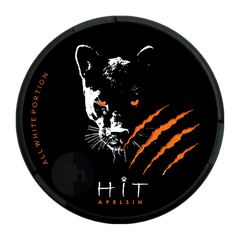 A round black product container or tin featuring a stylized panther head in white with orange eyes, orange claw marks, and the text 'ALL WHITE PORTION' and 'HIT APELSIN' on a white background.