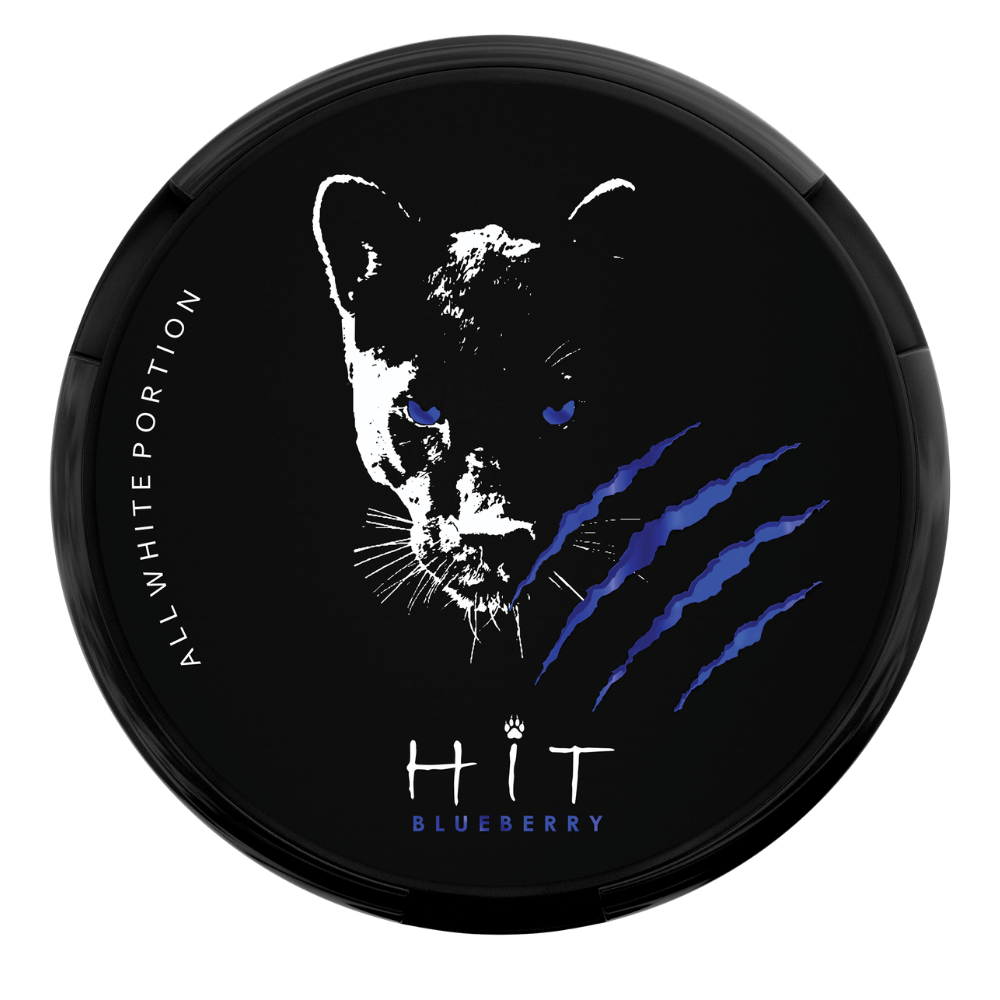 A round black product container lid featuring a stylized white panther face with blue eyes, blue claw marks, and the text 'ALL WHITE PORTION', 'HIT', and 'BLUEBERRY'.