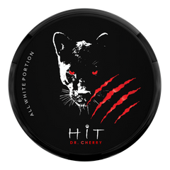 A round black cosmetic compact lid featuring a stylized white panther face with glowing red eyes, red claw marks, and the text 'ALL WHITE PORTION' and 'HIT DR. CHERRY'.