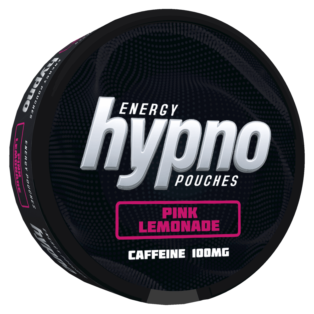 Hypno Energy Pouches container with 'Pink Lemonade' flavor on a black background