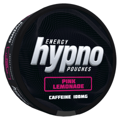 Hypno Energy Pouches container with 'Pink Lemonade' flavor on a black background