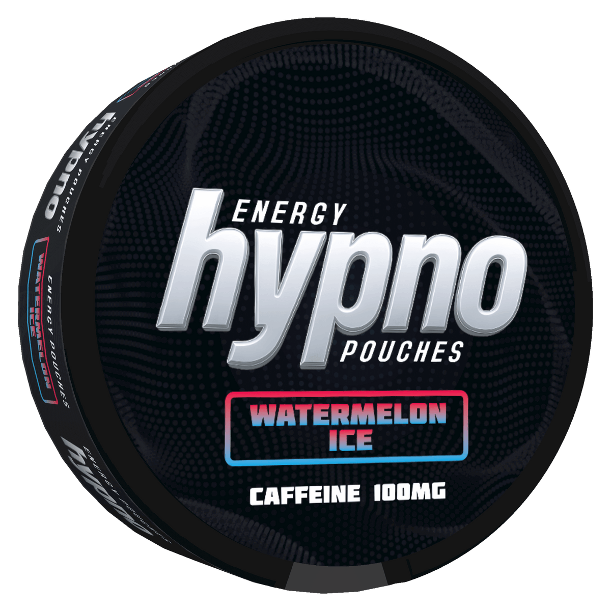 Hypno Energy Pouches container with 'Watermelon Ice' flavor on a black background