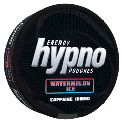 Hypno Energy Pouches container with 'Watermelon Ice' flavor on a black background