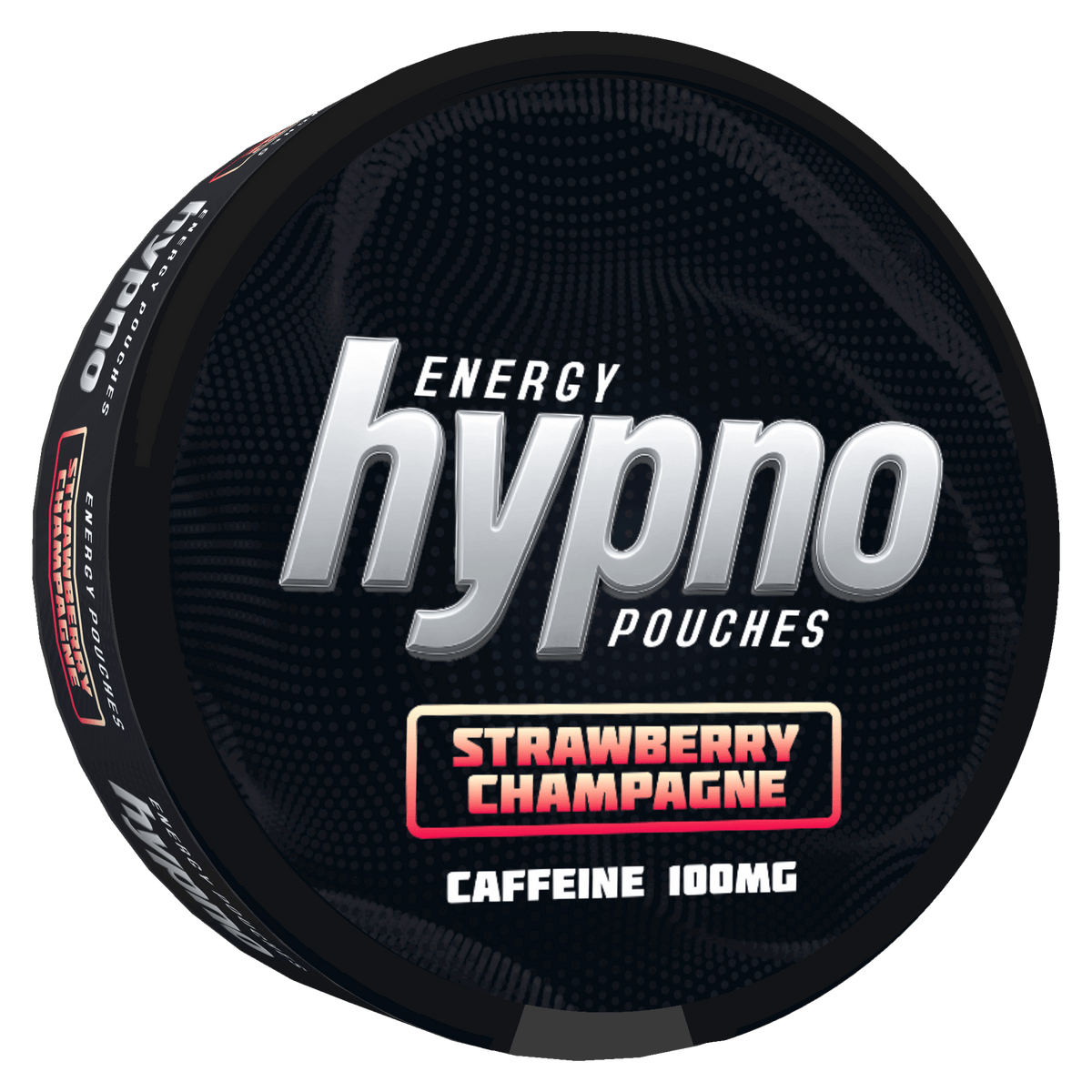 Hynno Energy Pouches container with 'Strawberry Champagne' flavor on a black background