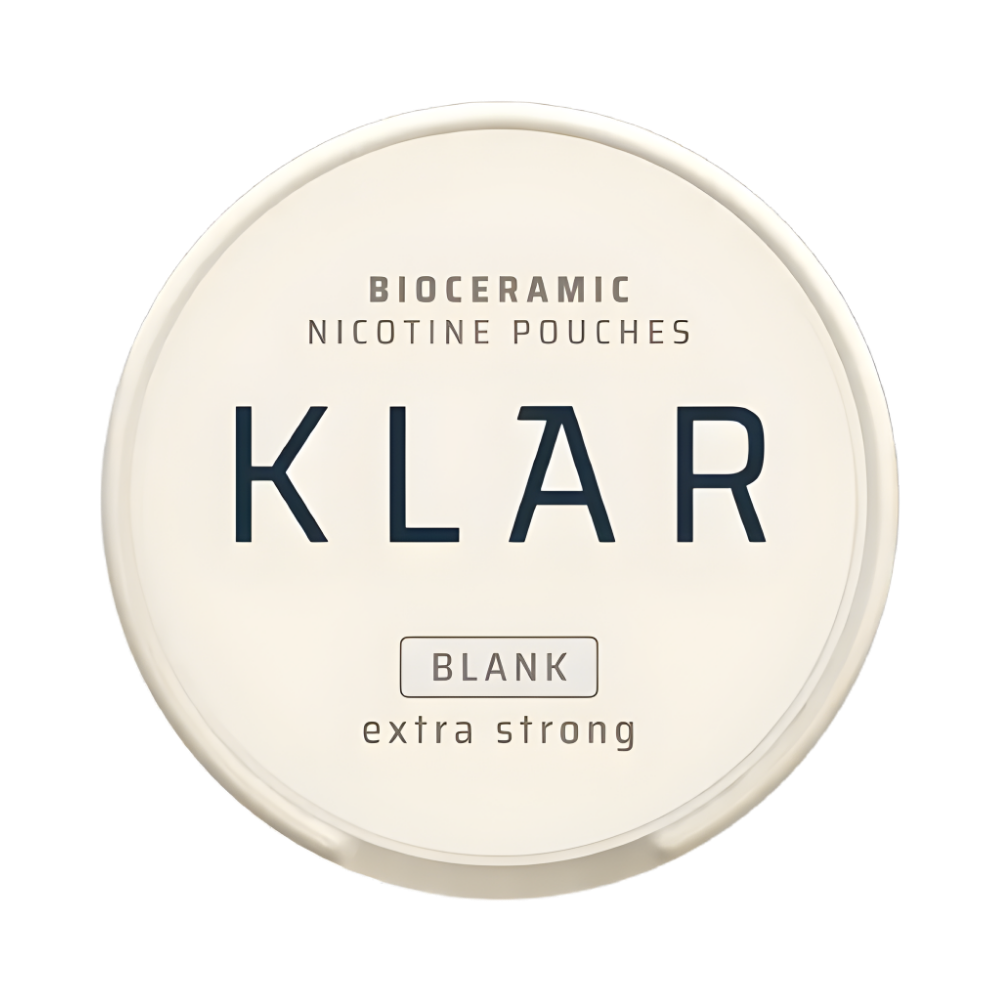 Bioceramic nicotine pouches container with 'KLAR' branding on a white background