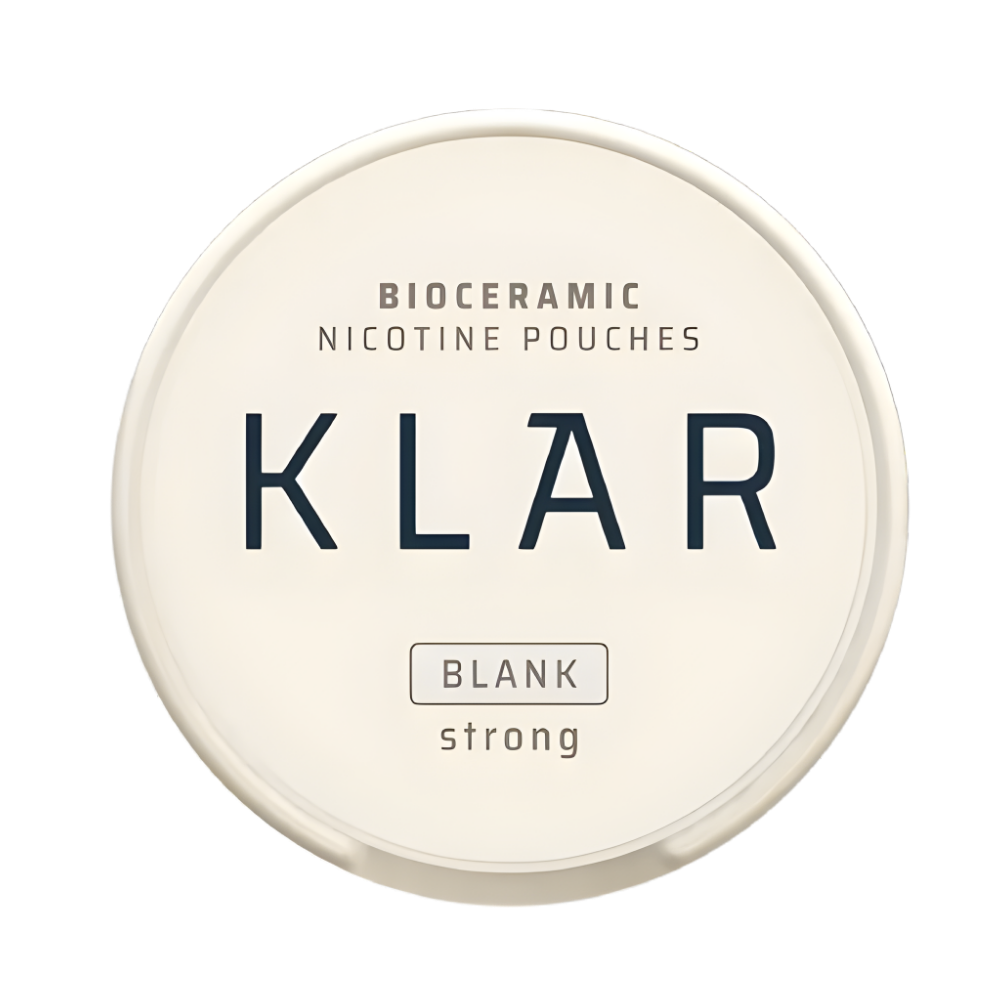 Bioceramic nicotine pouches container with 'KLAR' branding on a white background