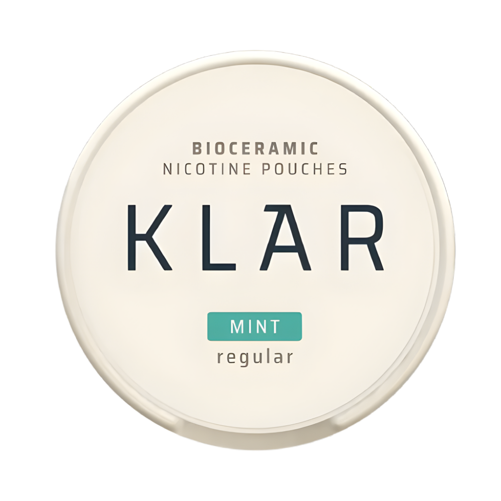 Bioceramic nicotine pouches container with 'KLAR' branding on a white background