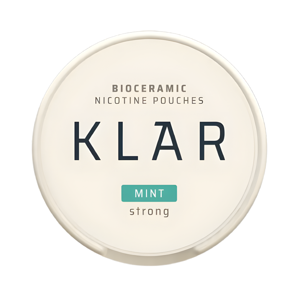 Bioceramic nicotine pouches container with 'KLAR' branding on a white background