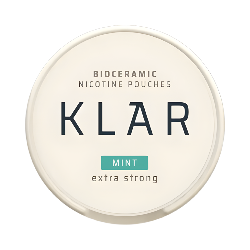 Bioceramic nicotine pouches container with 'KLAR' branding on a white background