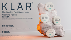 KLAR nicotine pouches on a textured surface with promotional text about the product.