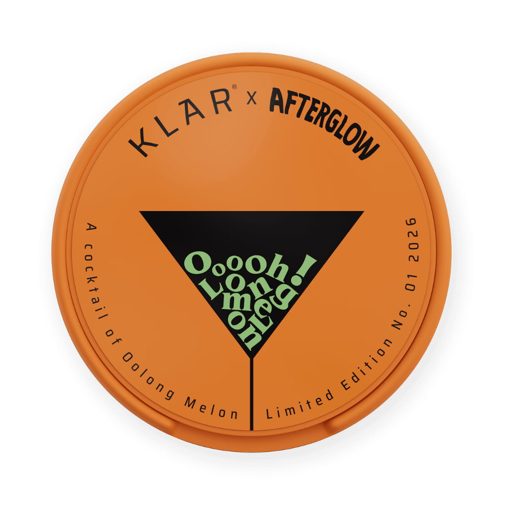 Round orange label with 'Klar x Afterglow' branding and cocktail text on a white background