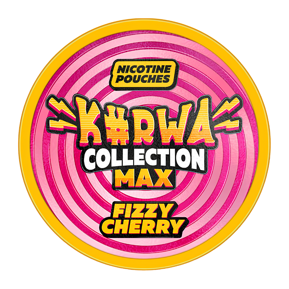 A circular pack design for Nicotine Pouches Khada Collection Max Fizzy Cherry, featuring pink and magenta spiral stripes with a yellow outer border and bold stylized text.