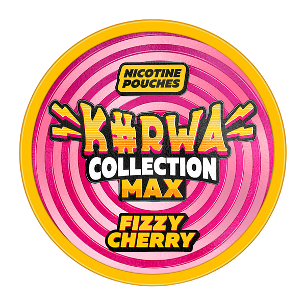 A circular pack design for Nicotine Pouches Khada Collection Max Fizzy Cherry, featuring pink and magenta spiral stripes with a yellow outer border and bold stylized text.